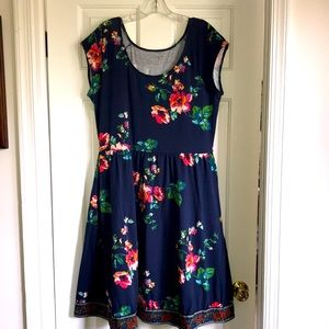 Garnet Hill blue floral fit and flare knit dress with ribbon hem